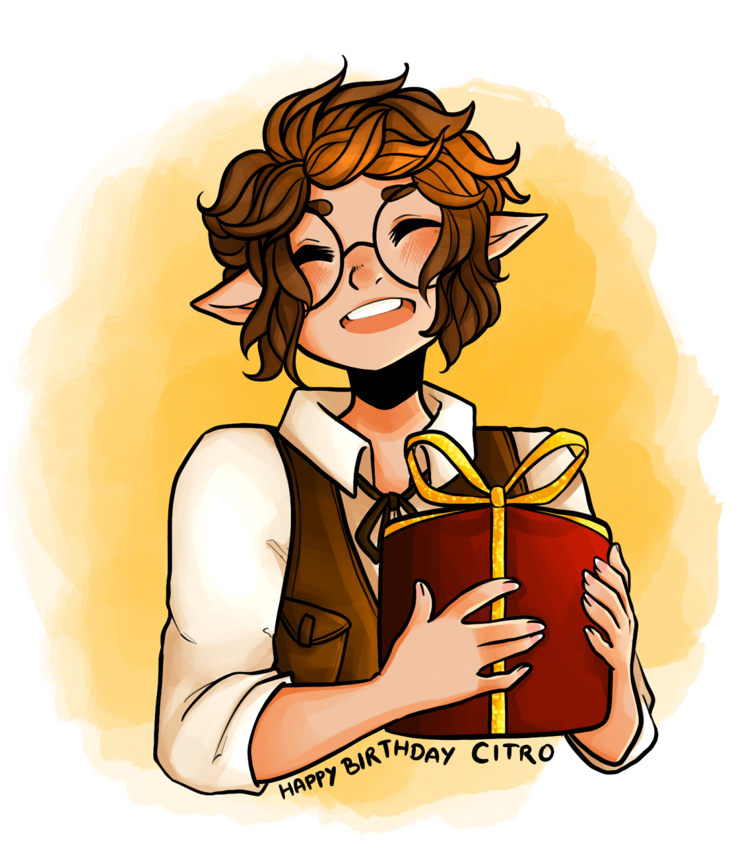 A short, brown haired elf with olive skin and big glasses. She wears a dress shirt and a vest with multiple pockets.