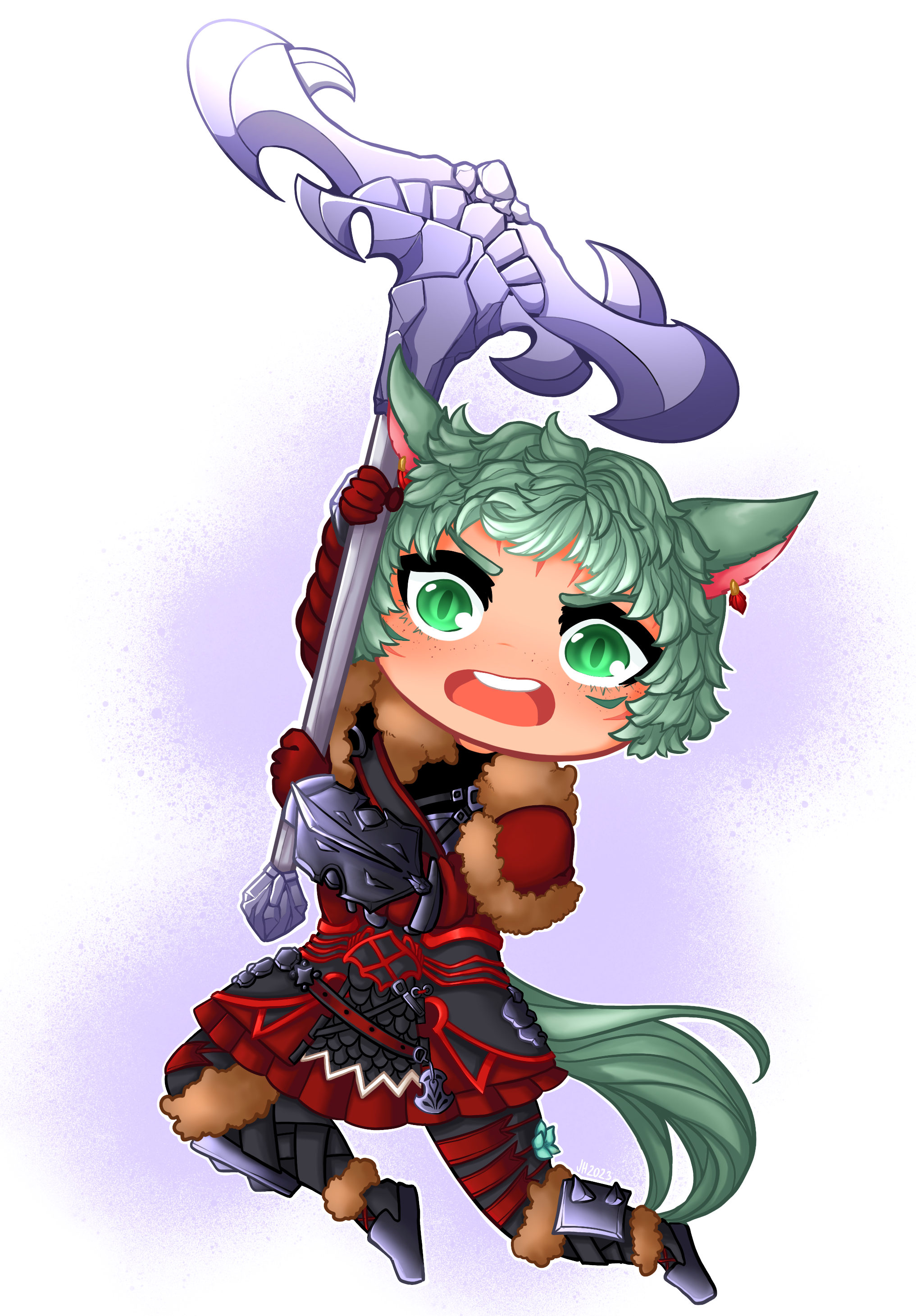 A chibi drawing of my WoL Moss'itro Dorks jumping down with a giant ax in her hands