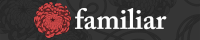 A grey banner with dark chrysanthemum flowers as the background for a logo of a red chrysanthemum next to the word 'Familiar'.