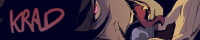 A web banner that reads 'Krad' over a dark background that then leads to their drawing of Alucard from Hellsing, specially his tongue.