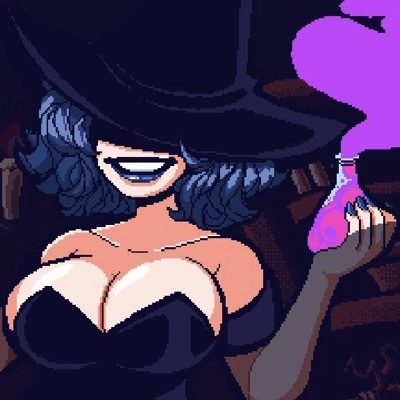 A witch with a curly blueish dark bob of hair, MASSIVE boobs and a witch hat obscures her eyes. In this icon she's holding up a pink potion in a glass vial.