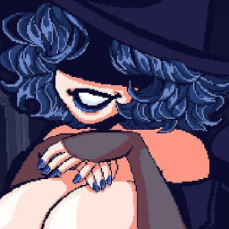 A witch with a curly blueish dark bob of hair, MASSIVE boobs and a witch hat obscures her eyes. In this icon she's leaning over and resting her hands under her chin and over... her big ol bazonkas.