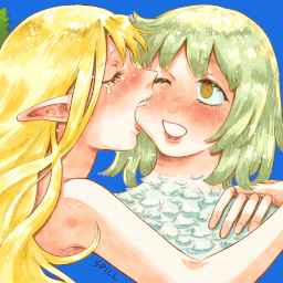 Marcille and Falin embracing each other over a blue background, Marcille is tearfully chomping at her.