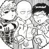Genos, Saitama and Mumen Rider drawn in a chibi style, looking like they're domestically planning a grocery trip.