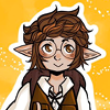 A chibi-ish drawing of a fluffy brown haired and brown eyed elf wizard.